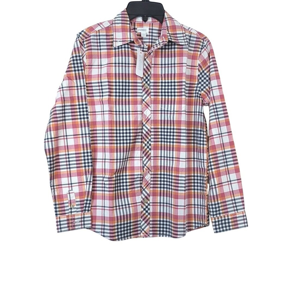 Gymboree Boys Red White‎ Black Plaid Long Sleeve Preppy Button Shirt Large NEW